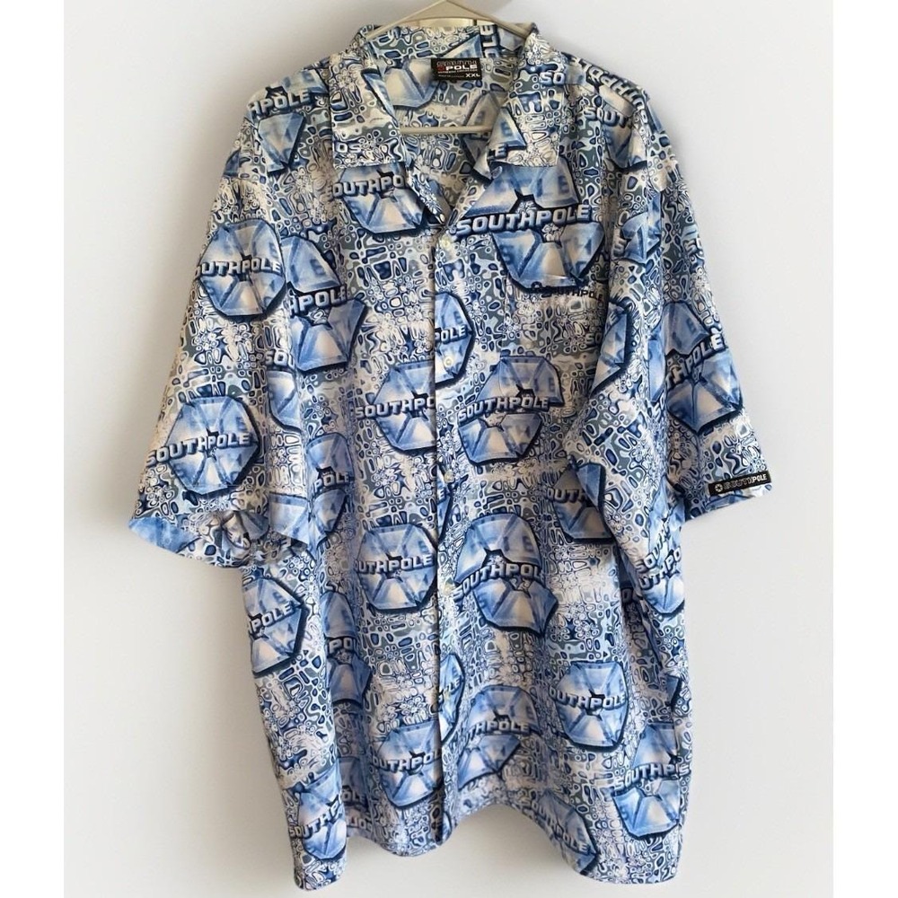 Southpole Y2K Blue Hawaiian Shirt Embroidered Authentic Collection XXL Icy